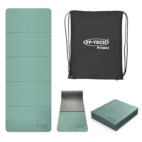 FP-TECH TAPPETINO DA YOGA IMBOTTITO ANTISCIVOLO FITNESS PILATES GINNASTICA IN TPE MAT CON SACCA 183 X 68 X 0.6 CM (Verde Acqua-Grigio-PIEGHEVOLE)