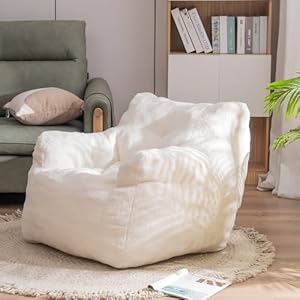 Soft Tufted Bean Bag Chairs for Adults, Kids, Medium Teddy Fabric Bean Bags with Arms, Ivory White