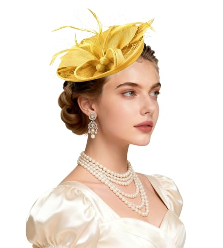 Ammiko Fascinators Hats for Women Tea Party Hat Feather Pillbox Derby Hats with Headband 2026 Vintage Headwear Church Yellow One Size