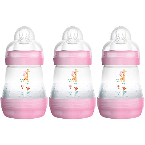 MAM Easy Start Self Sterilising Anti-Colic Baby Bottle 3 Pack, 160 ml with Slow Flow MAM Teats, Newborn Essentials, Pink (Designs May Vary)