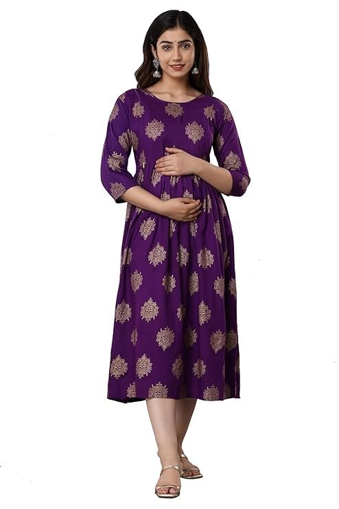 Women Printed Maternity A-Line Kurti Dress – Feeding Friendly Ethnic Wear with 3/4 Sleeves | Soft Comfortable Pregnancy & Nursing Kurta (Purple)-image-6