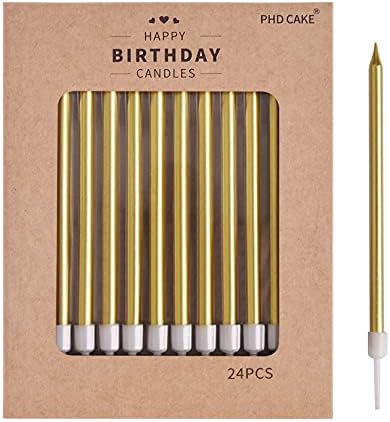 PHD CAKE 24-Count Gold Long Thin Metallic Birthday Candles, Cake Candles, Birthday Parties, Wedding Decorations, Party Candles, Cake Decorations - Unscented