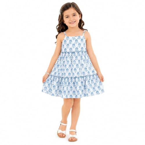 Image of The Magic Wand Kids Girls Printed Cotton Summer Dresses, Knee Length Sleeveless Casual Western Stylish One Piece Fit & Flared Frock for Beach & Vacations