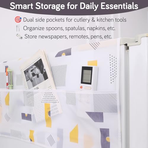 Image of HOKIPO Large Fridge Cover Top | For Bigger Double Door Refrigerator | Waterproof, Printed with 6 Side Pockets, Size Large 180x62 cm, Geometric Abstract (AR-5876-D1)