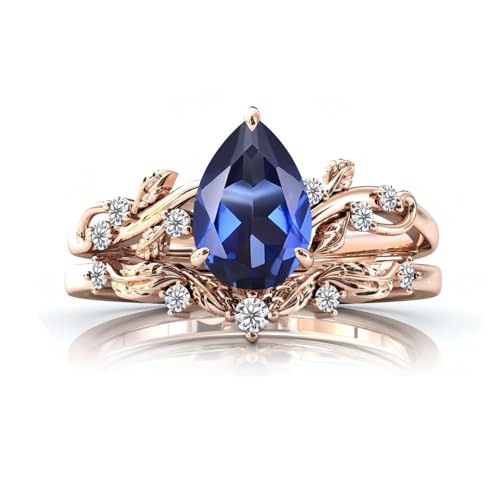 Gemstone Engagement Rings Set for Women Pear Shaped Gemstone Ring Set Leaf Art Deco Ring Set 10K 14K 18K White Yellow Rose Gold Vintage Vine Gemstone Wedding Ring Sets Anniversary Promise Ring
