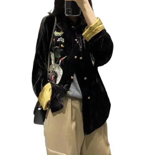 Chaqueta de Primavera de Estilo Chino para Mujer - Abrigo de Terciopelo Negro con Bordado Chino Chaquetas Informales Sueltas de Moda de Estilo Chino para Mujer Tops Étnicos Harajuku Ropa Vintage