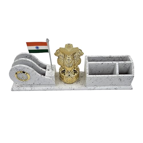 Image of WOOD HOUSE White Marble Look Wooden Pen Stand with Flag - Elegant Desk Organizer for Pens and Office Essentials - Patriotic Flag Accent - Stylish and Functional Home and Office Decor (WH-19)