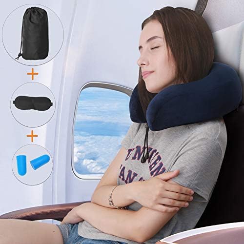 Forsuvida Travel Pillow Neck Pillow with Memory Foam and Soft Cover On Airplane Train with Eye Mask, Ear Plugs and Traveler Bag