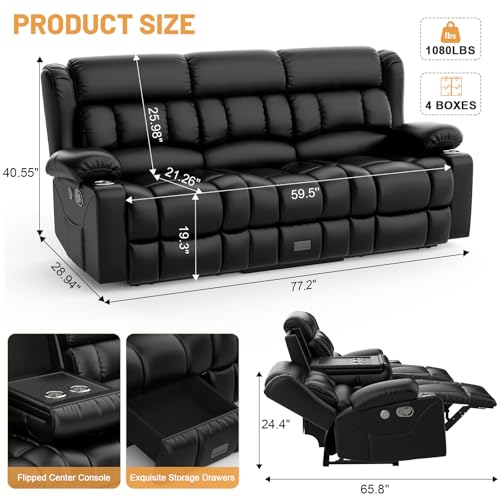 Loveseat Recliner Sofa Set, Flip Middle Backrest Design PU Leather 3 Seater Reclining Sofa and Single Oversized Recliner Chair, Manual Couches for Living Room (Black, PU 3+1)