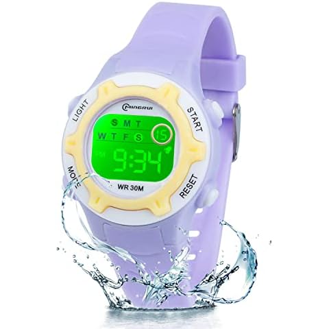 Digital Kids Watches for Girls Boys,7 Colors Waterproof Children Watches Outdoor Sports Multifunctional Wristwatches with Alarm Stopwatch Week Watch for Teenagers(Purple) Cover
