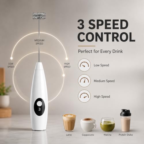 Image of Rechargeable Milk Frother Handheld, Hand Mixer Wand with 3-Speed, Digital Display Drink Mixer Wand, Coffee Frother Handheld for Cappuccino Latte, Portable Hand Mixer
