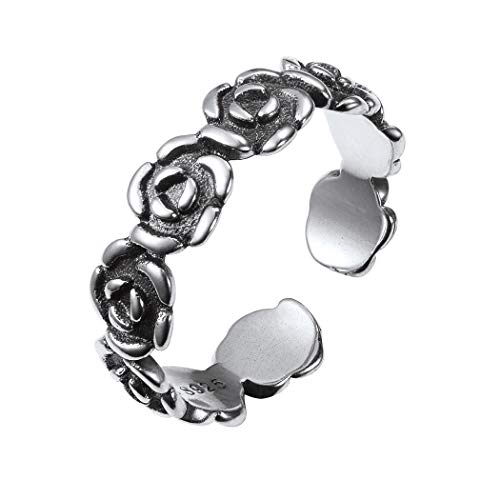 U7 SILVERCUTE Eternity Full Blooming Rose Flower Vintage Ring, 925 Sterling Silver Cool Dark Statement Ring for Women