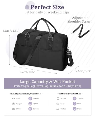 Image of Gym Bag for Women,Travel Duffle Bag for Travel with Wet Pocket Weekender Overnight Carry On Tote Bag Luggage Bag with Trolley Sleeve Personal Item Travel Bag Hospital Diaper Bag Black