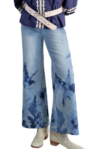 loveimgs Women Y2k Baggy High Rise Wide Leg Jeans Floral Denim Pants Palazzo Zip Flower Printed Flare Jeans Sweatpants Pocket