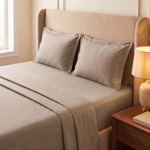 Image of LANE LINEN 400TC 100% Cotton Micro Check King Size Bedsheet - Taupe | OEKO-Tex Certified, 108 x 108 Inch, Fits King & Double Size Bed, Breathable & Wrinkle-Free, Includes 2 Pillow Covers