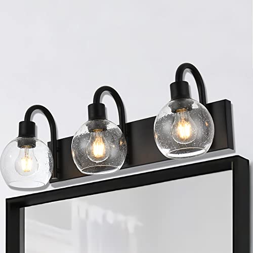 Image of 3-Lights Vanity Lights Globe Glass Rustic Bathroom Light Fixtures for Over Mirror Kitchen with Seeded Lampshades