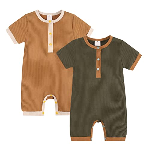 Image of Bafeicao Baby Boy Girl 2 Pack Solid Romper Ribbed Short Sleeve Bodysuit Jumpsuit Infant Knitted Outfits Clothes, Green+Yellow B, 0-3M