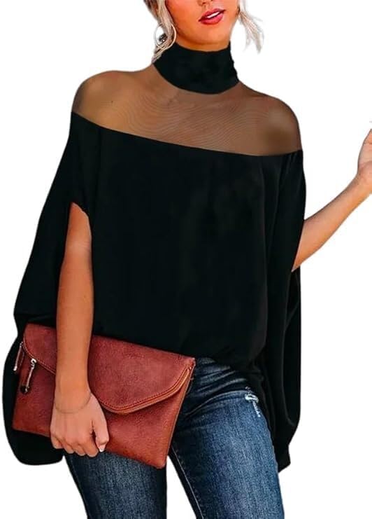 UOOZEE Women's Sexy Mesh Tops High Neck Batwing Sleeve Loose Flowy Tunic T Shirt Date Night Club Blouses
