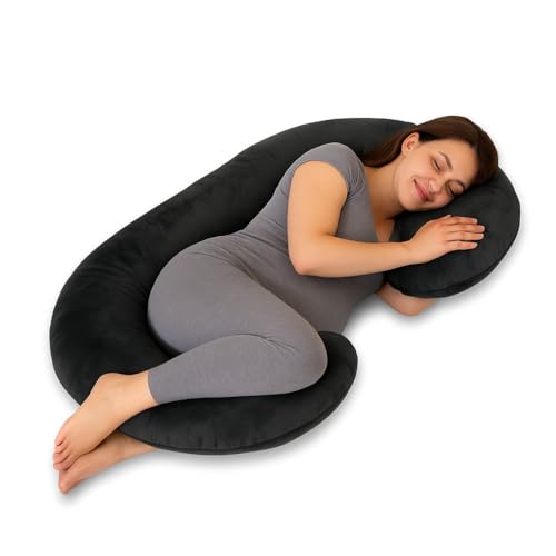 Image of Amazon Basics Full Body Pregnancy Pillow for Maternity, Baby Nursing, Full Body Support -Abdomen,Hip, Spine, Neck& Leg Support Cushion| Perfect Baby Shower Gift |C-Shaped-Washable Cover with Zip-Black