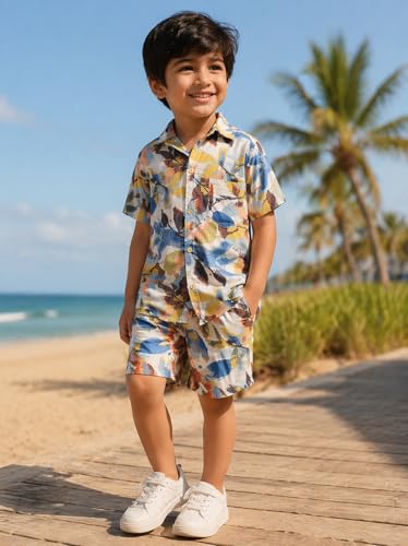 Image of superminis Boys Coordinated Set With Printed Rayon /Cotton Shirt and Shorts