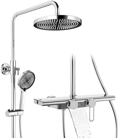 HOMELODY Duschsystem mit Armatur und Glasablage Chrom - Duscharmatur Komplettset mit 5 Strahlarten Handbrause,Regendusche und Unterer Auslauf - Duschset für Heimische Badezimmer