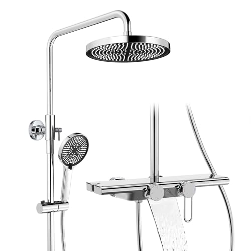 HOMELODY Système de douche avec robinetterie et étagère en verre chromé – Robinet de douche complet avec douchette à main, douche à effet pluie et bec...