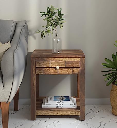 Image of Chad Solid Wood END Table for Living Room | Premium Square Side Table for Home & Kitchen| Provincial Teak Finish, Pure SHEESHAM Wood |