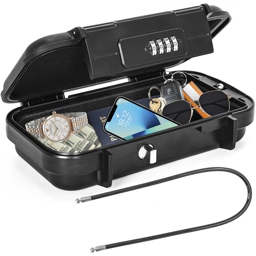 OUUTMEE Tragbare Tresor mit Zahlenschloss Strandsafe 24 x 14 x 5 8 cm Strandtresor zum Anketten Geeignet für Reisen Strandaktivitäten (Schwarz)