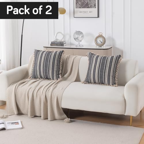 Image of HOKIPO 'Artisan Boho Series' Sofa Cushion Covers | 450 GSM Cotton Acrylic Jacquard | Tassel Design | 22x22 Inch (55x55 cm) | Pack of 2, Charcoal Black (IN-906-A3*2)
