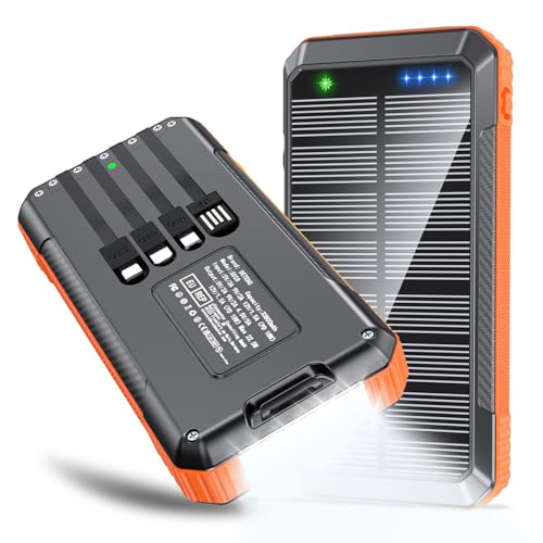 Solar Power Bank 33800mAh Built in 4 Cables, 22.5W USB C Fast Charging Portable Phone Charger, 6 Outputs & 4 Inputs with LED Camping Lights Battery Pack for Outdoor iPhone Samsung Tablet (Orange)