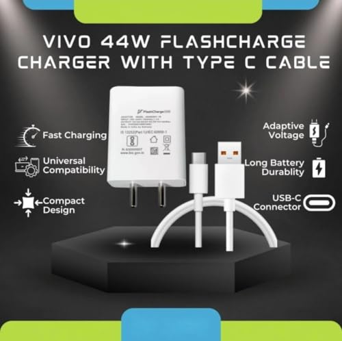 Image of Original 44W Fast Charging Adapter with Type-A to Type-C Cable Compatible with Vivo X, V, Y, S, T, iQOO Series Reliable High-Speed Power Delivery