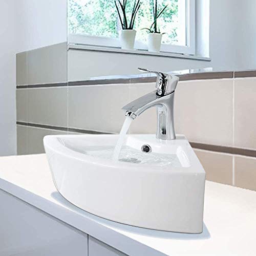 Bokaiya Small Wall Mount Corner Bathroom Sink and Faucet Combo with Overflow Triangle White Porcelain Ceramic Wall Mount Mini Vanity Space Bathroom sink, Brushed Nickel Faucet and Drain Combo - Thumbnail 5