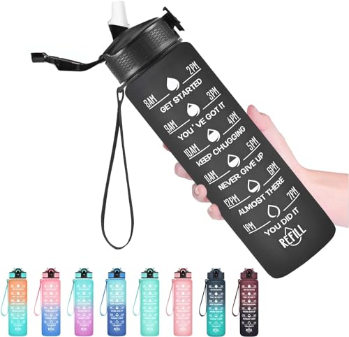 Image of TEKCOOL Motivational 1L Capacity Black Plastic Bottle with Straw | Leakproof, Durable, BPA-Free | Ideal for School /College /Office /Travel, Sports /Outdoor Activities