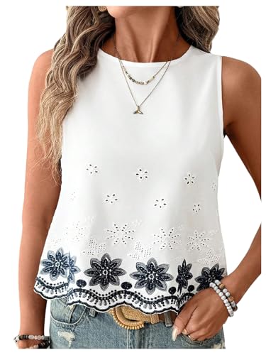 SweatyRocks Women's Sleeveless Boho Eyelet Tank Top Crew Neck Floral Embroidery Casual Summer Tops
