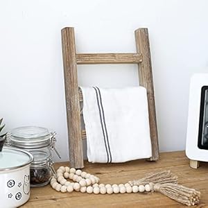 FUIN Wooden Tea Towel Ladder Mini Ladder Towel Rack Display Hanger Small Rustic Farmhouse Tea Towel Stand Holder for Country Bathroom Decor Burnt Brown