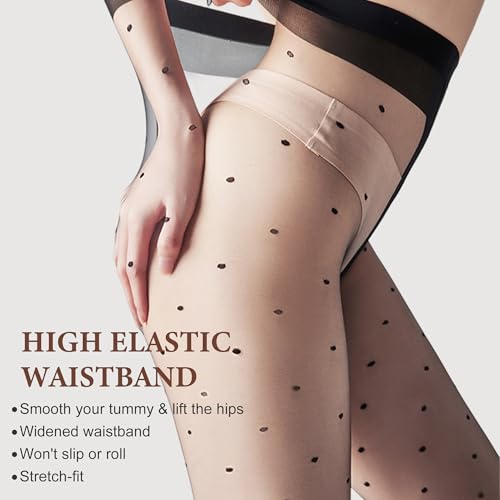 Image of Polka Dot Patterned Black Tights for Women,Women's 15D Sheer Pantyhose,High Waist Ultra Stretchable Footed Tights,Plus Size Stockings