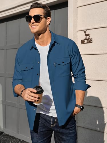 Image of Comdecevis Men's Casual Shirt Shacket Long Sleeve Button Down Lightweight Jacket Overshirt with Flap Pockets Gray Blue