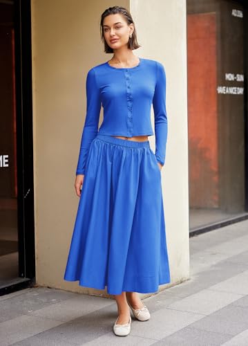 Image of Panadila Womens 2 Piece Lounge Sets Matching Vacation Outfits Ribbed Button Down Cardigan and Elastic Waist Skirt Sets