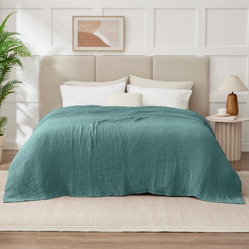 Image of 100% Cotton Muslin Blanket California King 120 inch x 90 inch, 6 Layers Breathable and Lightweight Oversized Blankets for Bed, Soft Cooling Gauze Blanket for Adults All Season, Teal