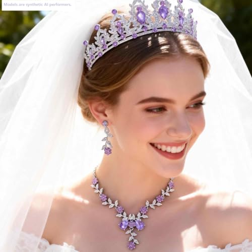 Kamirola Women's Wedding Jewelry Leaf Cluster Flower Crystal Dangle Earrings Pendant Necklace Set for BridalCrystal Bridal Jewelry Set (Silver Purple) by Kamirola - Used condition - Image 2