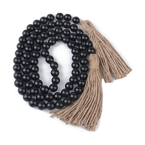 58 in Wood Bead Garland with Tassel,String Wooden Beads Prayer Boho Beads for Farmhouse Rustic Country Decor Wall Hanging Decor(Black) Cover