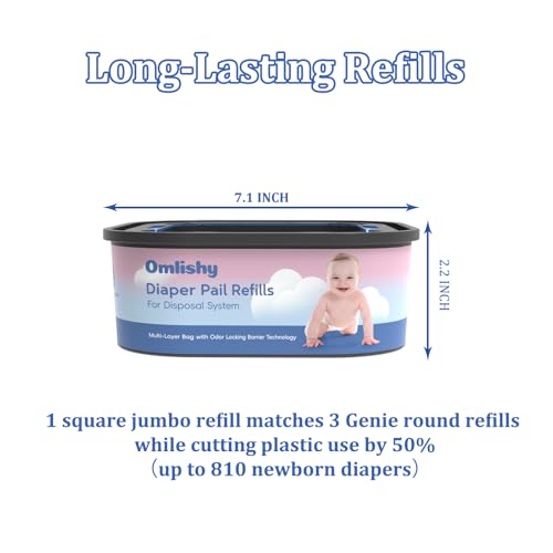 Image of Jumbo Square Bags Refill Compatible with Diaper Genie Compact, Select Pails (Not Fit Classic), Max Odor Control, Disposal Bag Refills, Continuous Film, Holds Up to 810 Newborn Diapers, 4 Pack