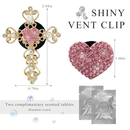 Image of 2 PCS Bling Car Vent Clip, Crystal Rhinestone Cross and Heart Car Air Fresheners Vent Clips, Diamond Car Air Conditioner Outlet Decoration Charm for Women, Car Accessories (Pink)