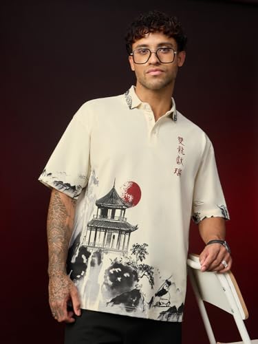 Image of The Souled Store Kung Fu Panda: Peace Men and Boys Short Sleeve Spread Collar Cream Graphic Printed Cotton Oversized Heavy Gauge Breathable Everyday Lightweight All-Season Polos