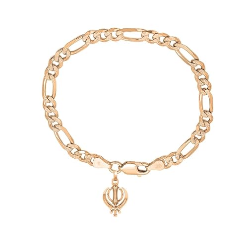 CLEVIO 22KT gold plated 92.5% pure Sterling Silver Figaro Designer Bracelet with Sikh khanda Symbol for Men CLEV-1985647