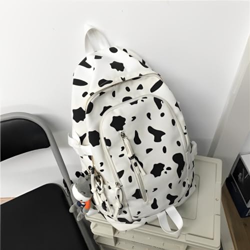 Image of Retro Animal Cow Spotted Theme Waterproof Canvas School Bag Stylish Multiple-Compartment Large Capacity Zipper Bag Lightweight Casual Daypack for Elementary, Middle & High School Students