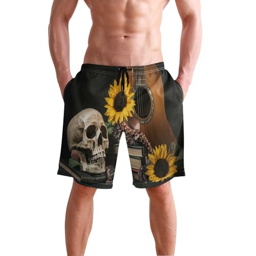 Quick Dry Sunflower and Guitar Skull Men's Swimming Shorts Swim Trunks with Mesh Lining Beach Wear - S