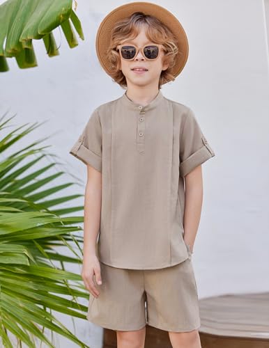 Image of Arshiner Boy's 2 Pieces Linen Sets Short Sleeve Henley Shirt and Shorts Summer Beach Matching Outfits 4-12 Years