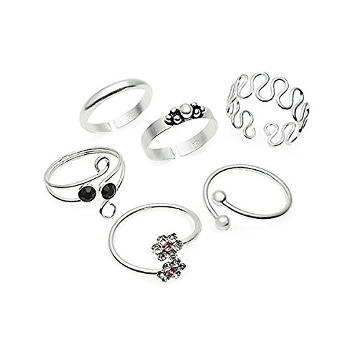 Silverline Jewelry Sterling Silver Toe Rings, 6 Pcs Adjustable Open Toe Rings Set