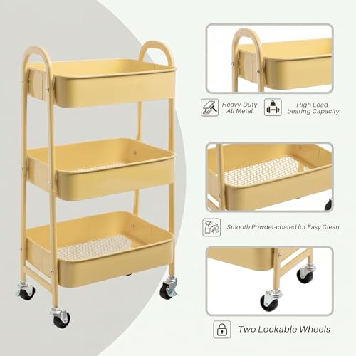 DOEWORKS Servierwagen mit Rollen Rollwagen Metall 3 Etagen Küchenwagen Bastelwagen Rollwagen Küche Aufbewahrungswagen für Wohnzimmer Schlafzimmer Badezimmer Büro, Khaki Gelb
